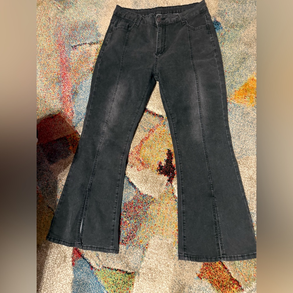 Chic Black Flared Denim Jeans with front cut